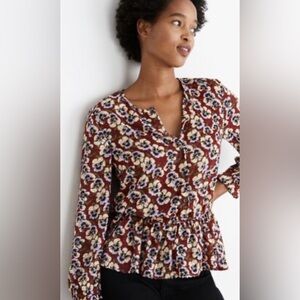 Madewell Floral Peplum Top - Red and Cream